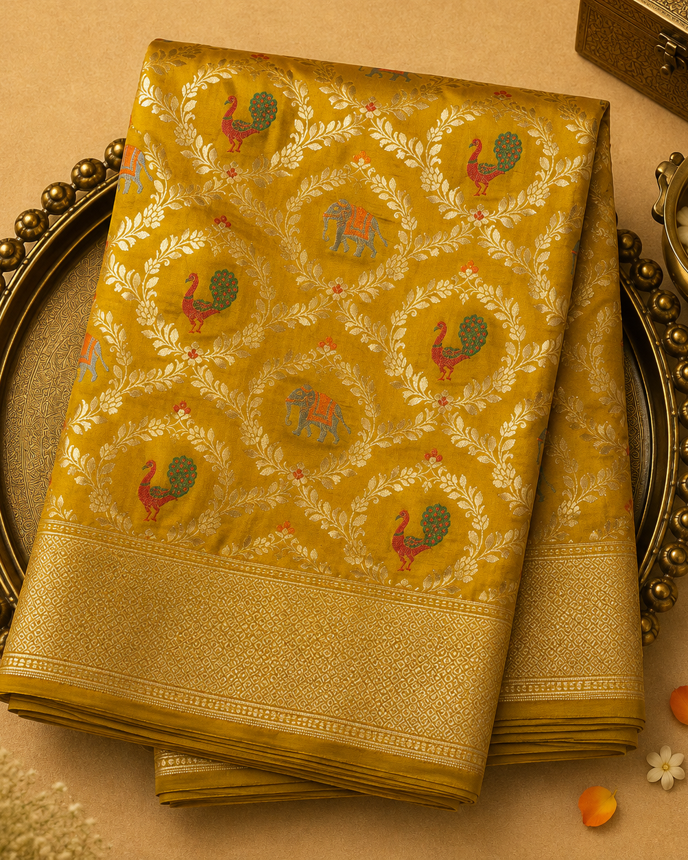 Mustard Yellow Pure Banarasi Silk Saree with Gold Animal Motifs & Yellow-Gold Border
