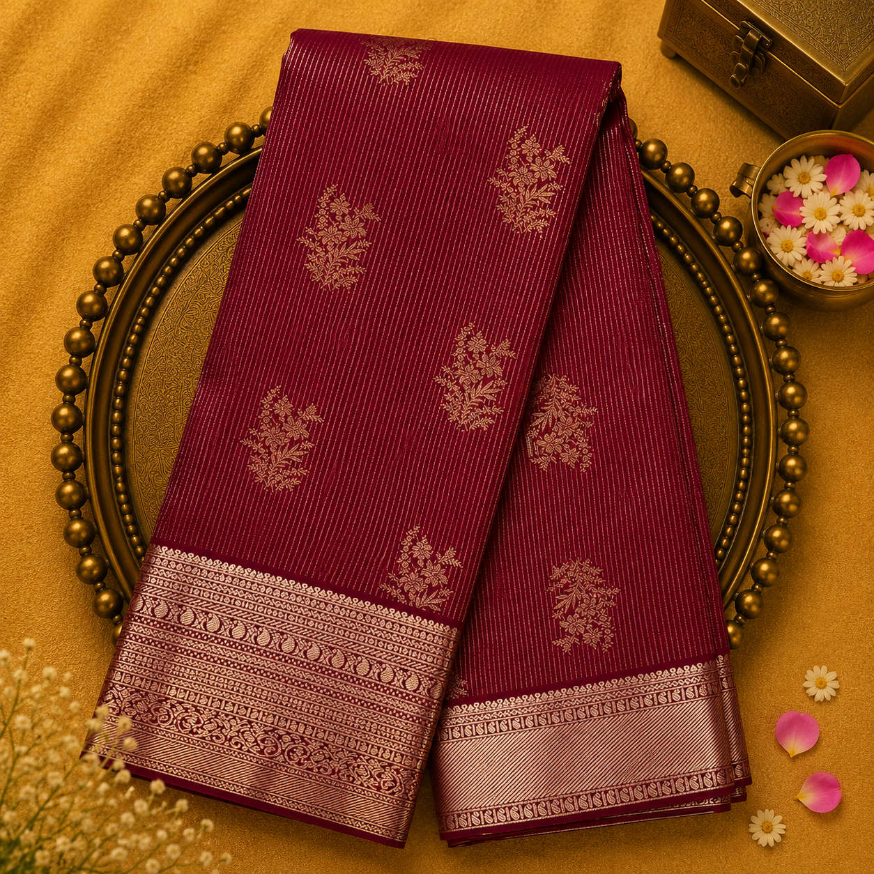 Maroon Red Pure Kanjeevaram Silk Saree with Floral Zari & Gold Border