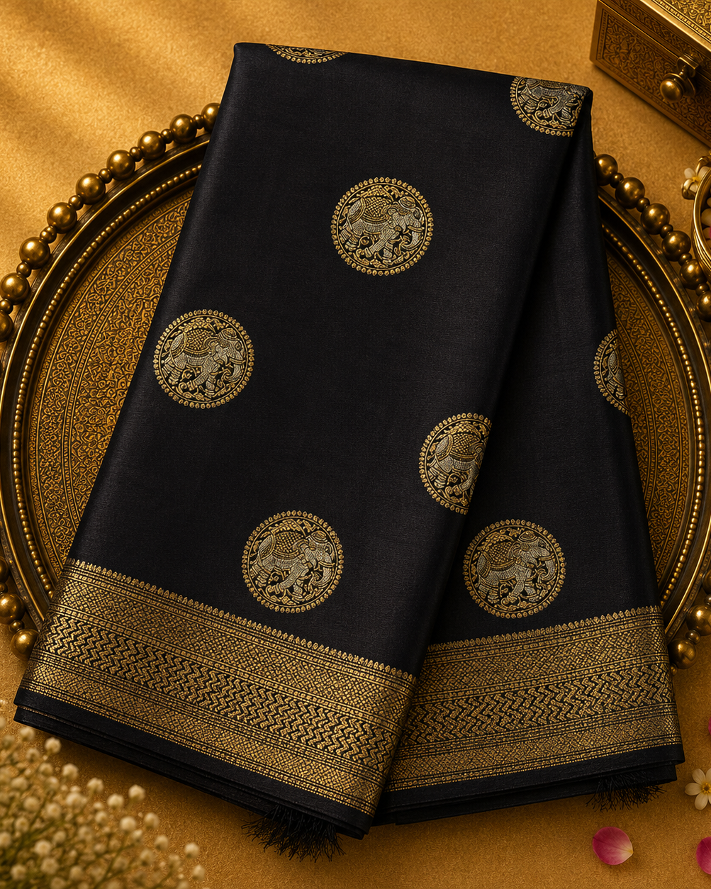 Black Banarasi Saree with Gold Zari Buttas & Gold Border
