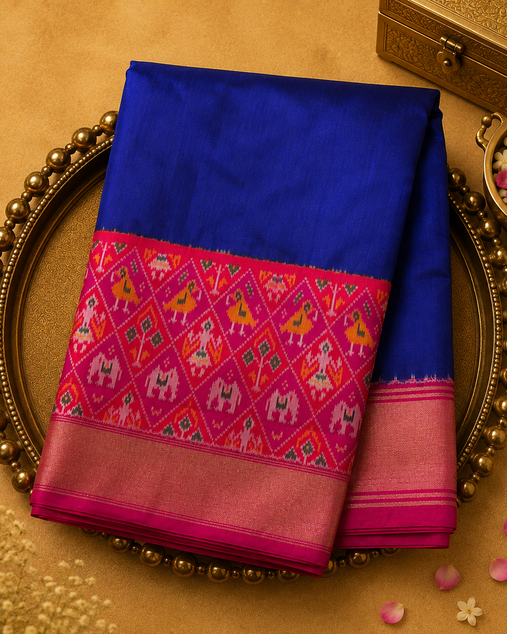 Dark Blue Ikat Saree with Animal Weave & Pink Border
