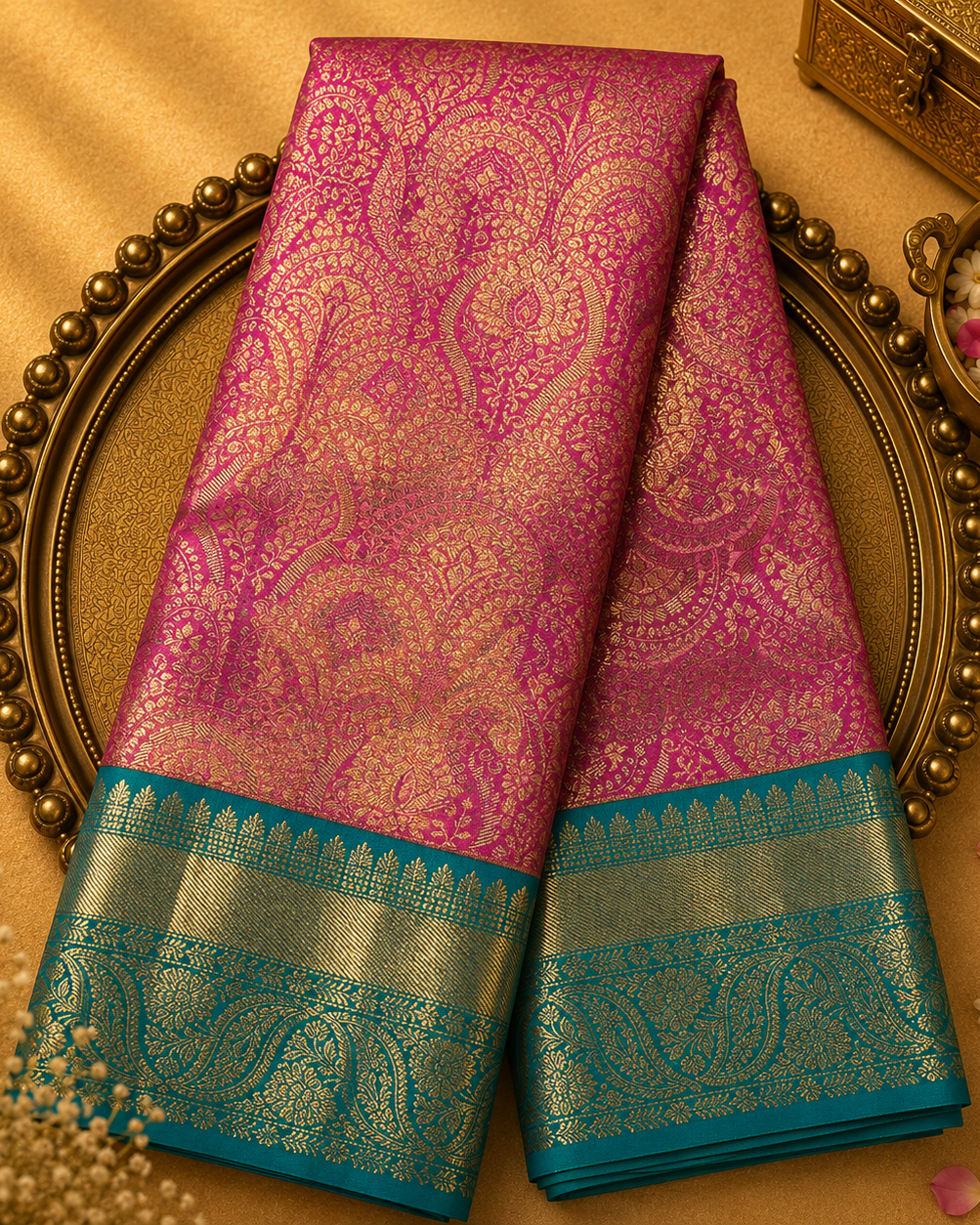 Pink Pure Kanjivaram Tissue Silk Saree with Gold Zari Weave & Blue-Gold Border