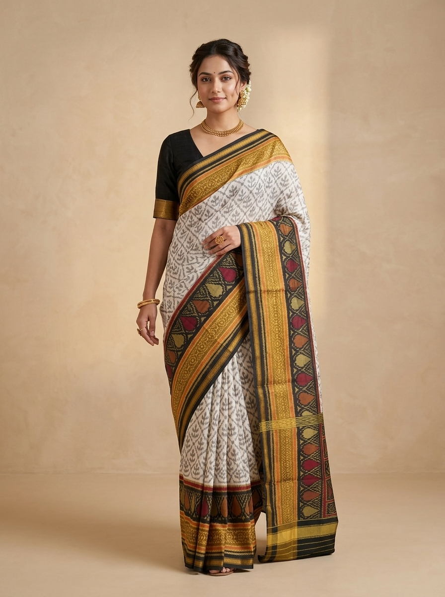 White Ikat Silk Saree - front standing