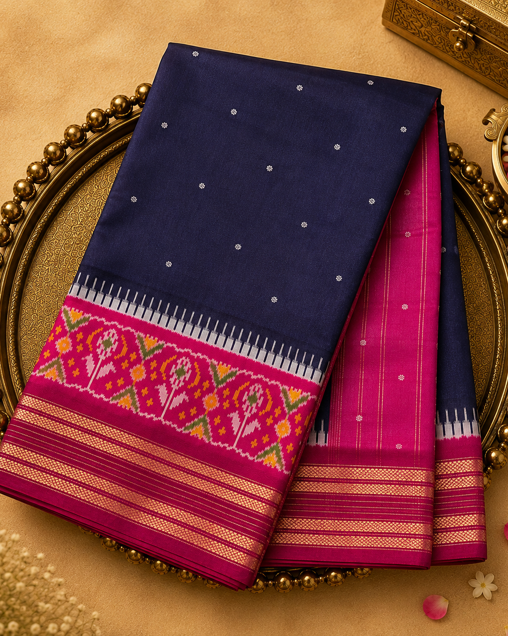 Dark Blue Silk Saree with Silver Zari Buttas & Pink Ikat Border