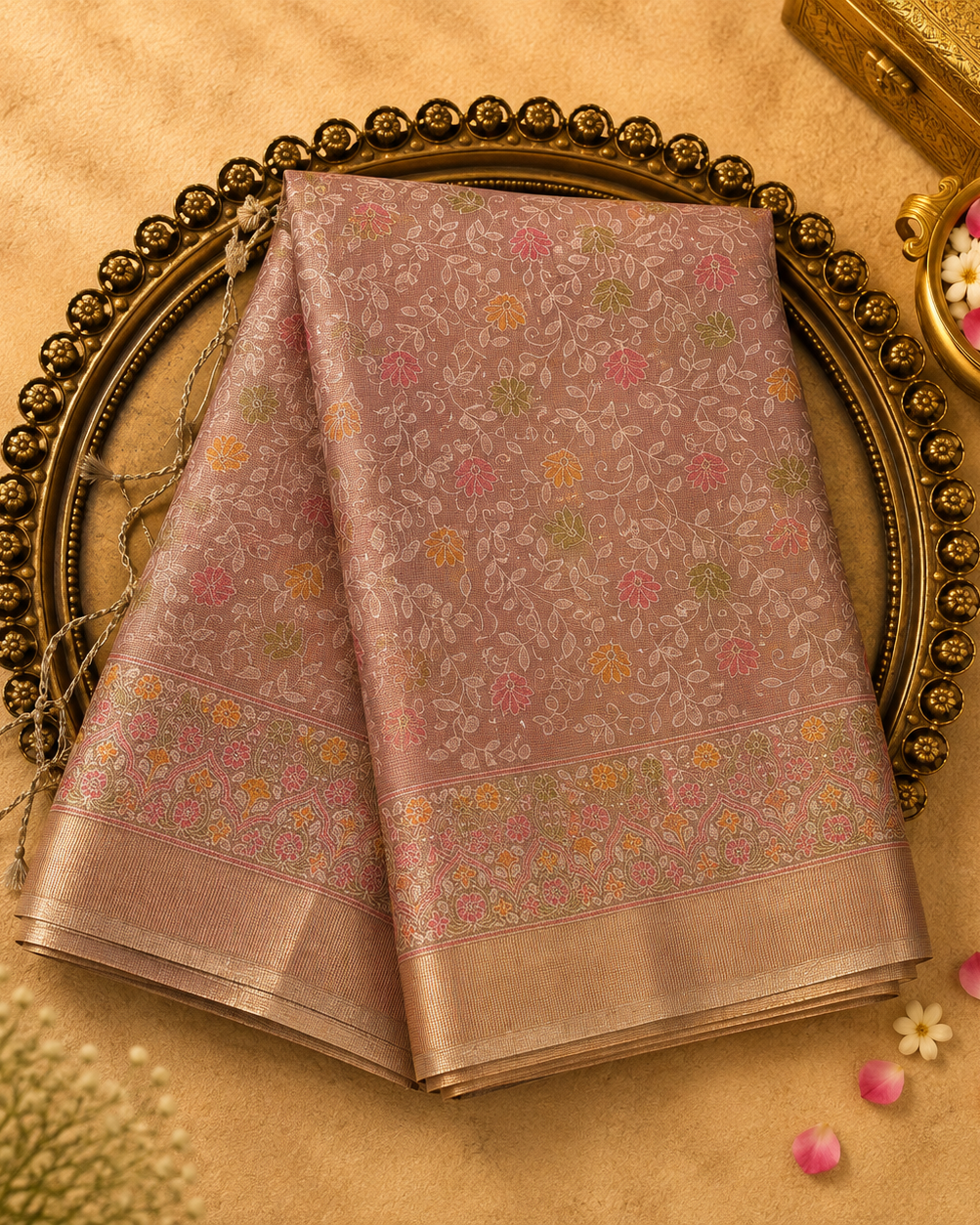 Baby Pink Kota Cotton Saree with Floral Embroidery, Gold Zari Border & Running Blouse
