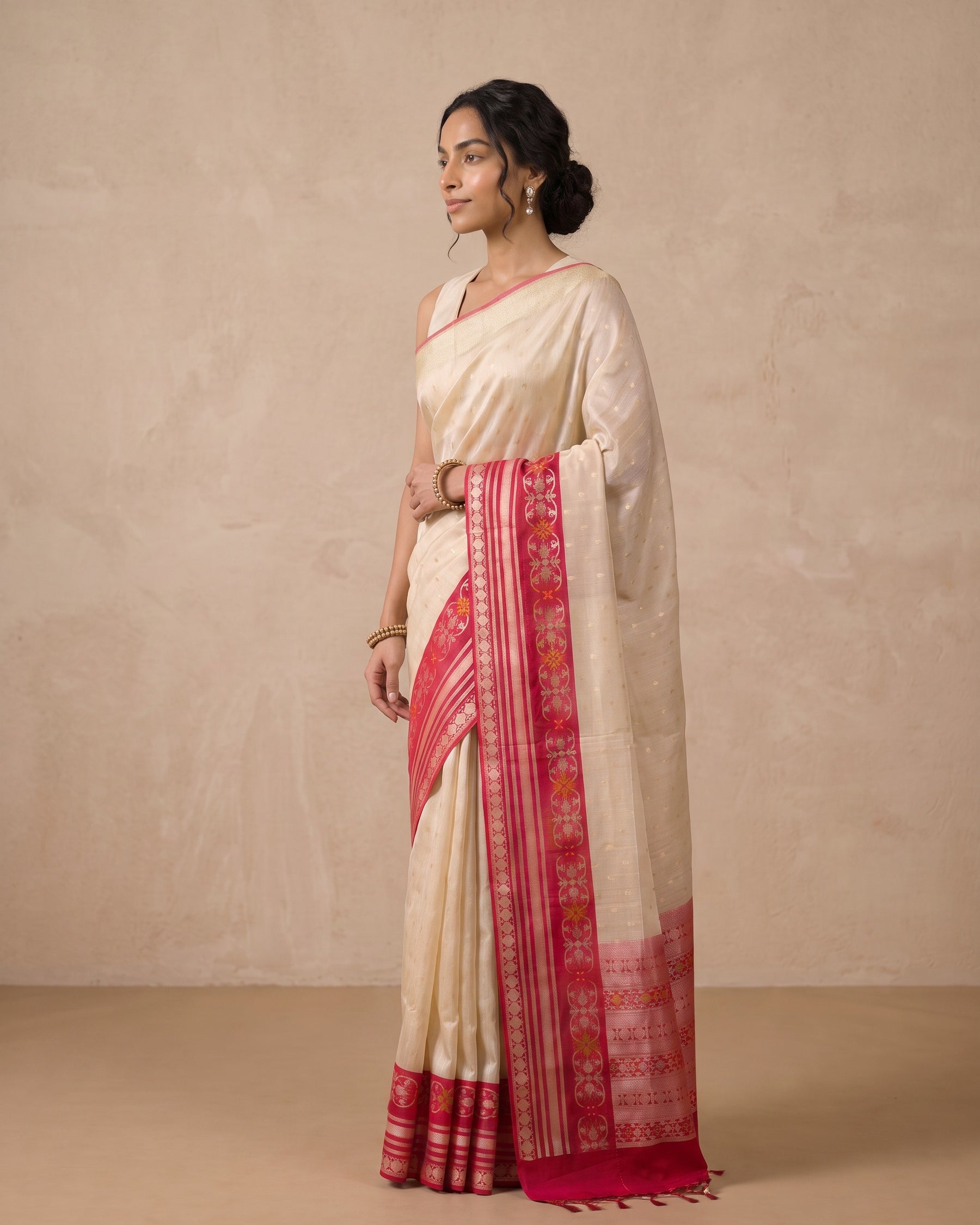 Beige Banaras Tussar Silk Saree - side standing