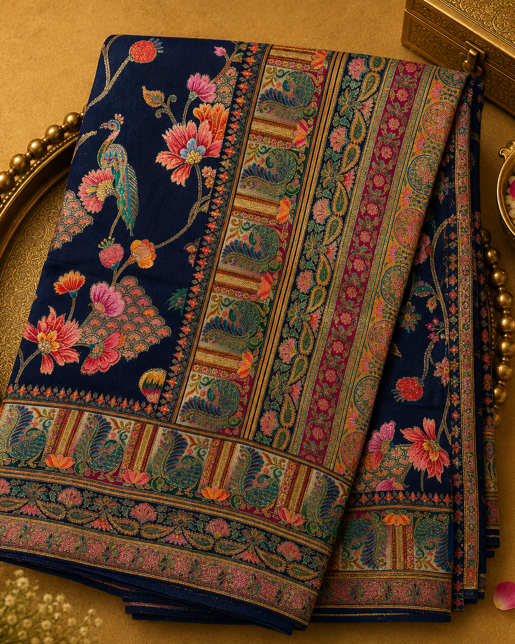 Dark Blue Semi Crepe Silk Saree with Multicolour Pashmina Floral Weave & Border