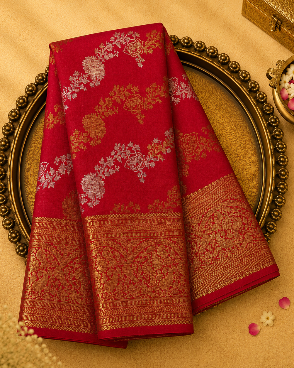 Bright Red Kanjeevaram Silk Saree with Silver-Gold Floral Zari & Gold Border