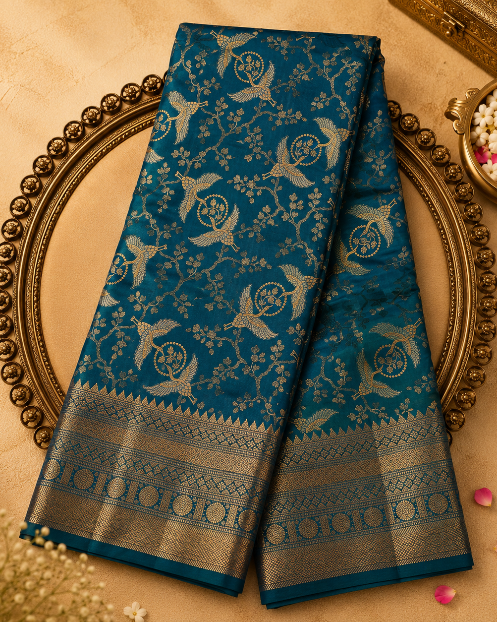 Bright Blue Pure Kanjeevaram Silk Saree with Gold Zari Work & Blue-Gold Border