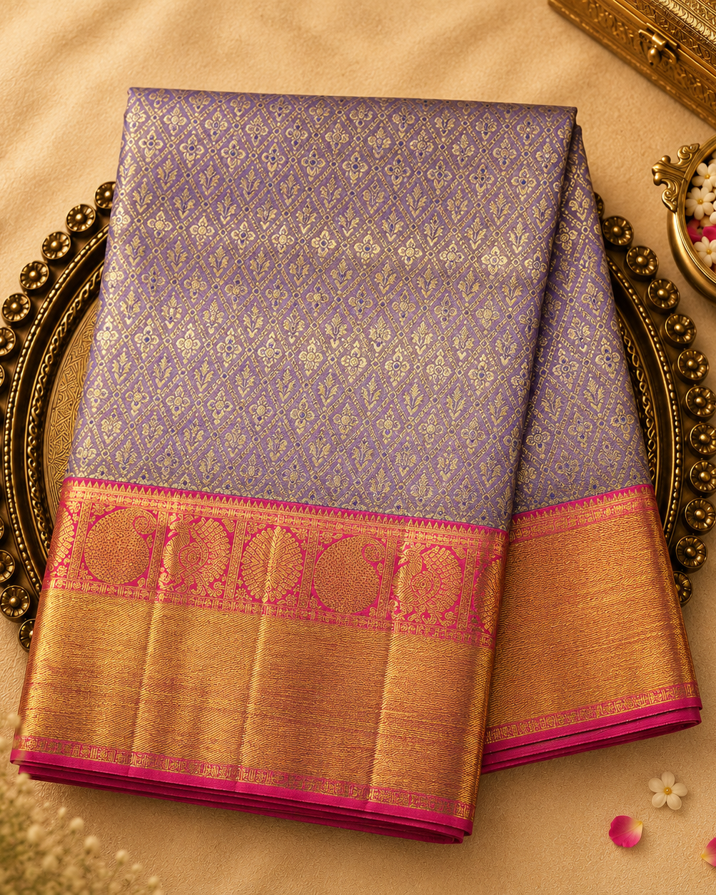 Light Lavender Tissue Silk Saree with Gold Zari Work & Pink-Gold Border