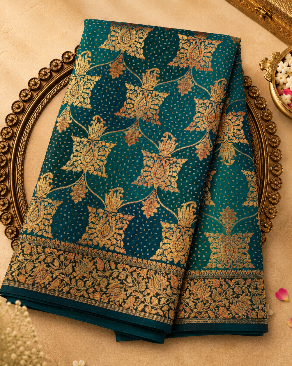 Shades of Blue Semi Georgette Saree with Gold Zari Motifs & Floral Zari Border
