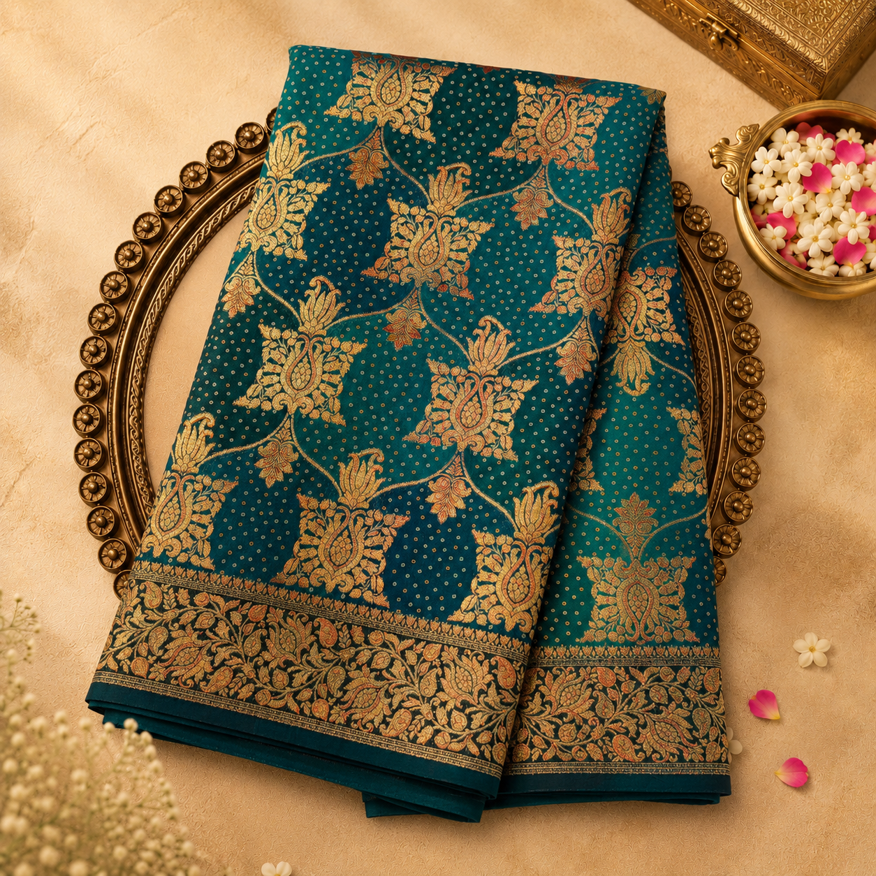 Shades of Blue Semi Georgette Saree with Gold Zari Motifs & Floral Zari Border