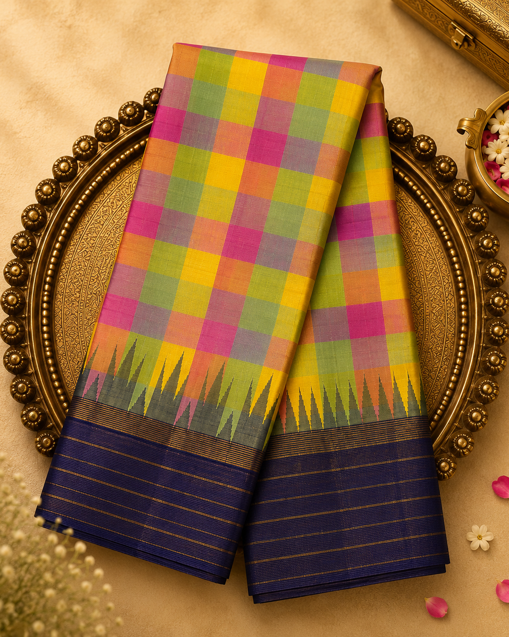Multicolor Checked Saree with Blue-Gold Temple Border