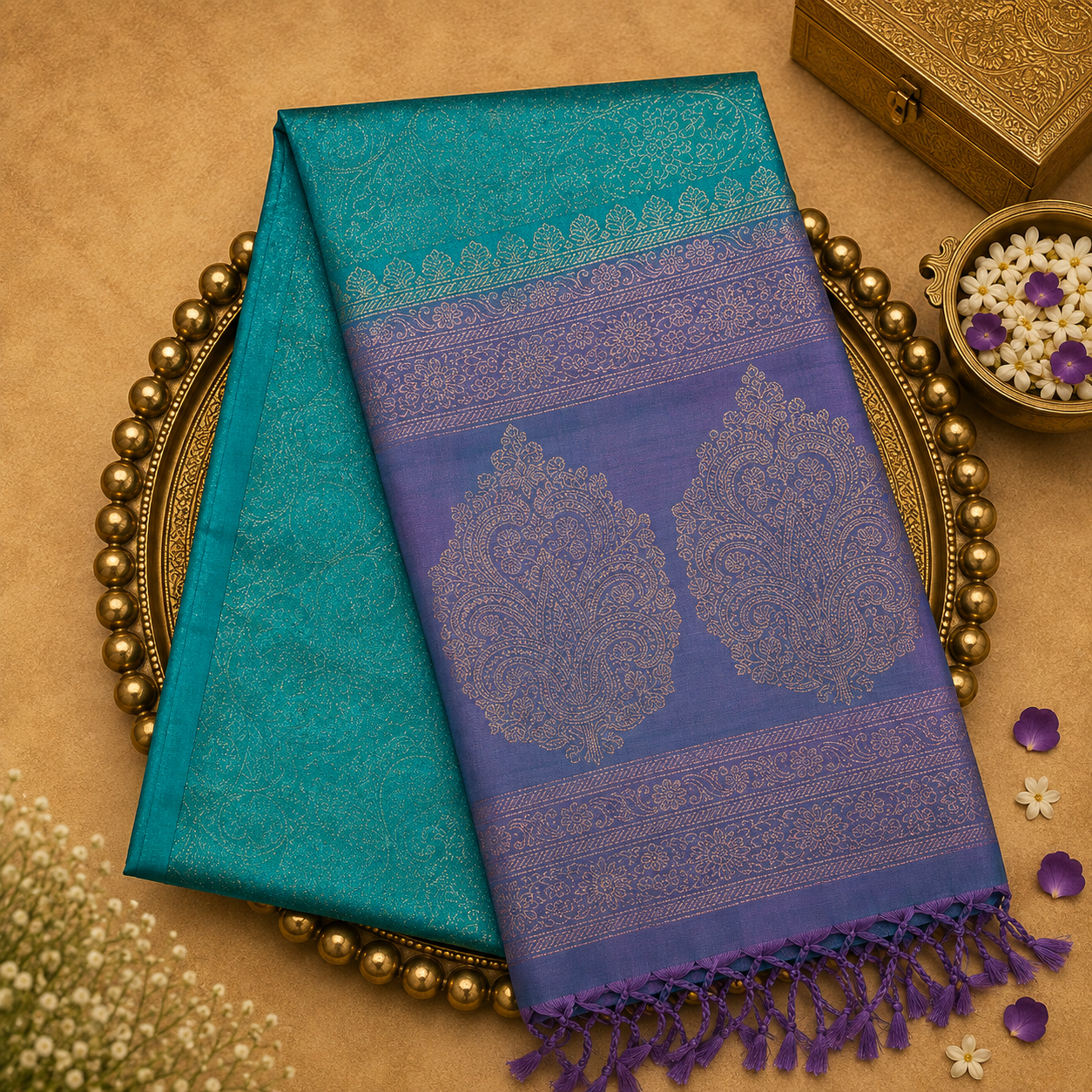 Teal Green Pure Soft Silk Saree with Zari Weave, Purple Pallu & Blouse