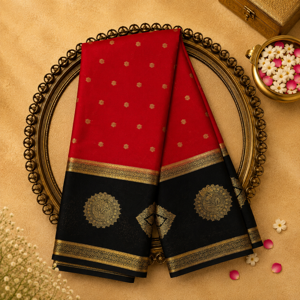 Red Semi Crepe Silk Saree with Gold Buttas, Black Zari Motif Border & Black Blouse