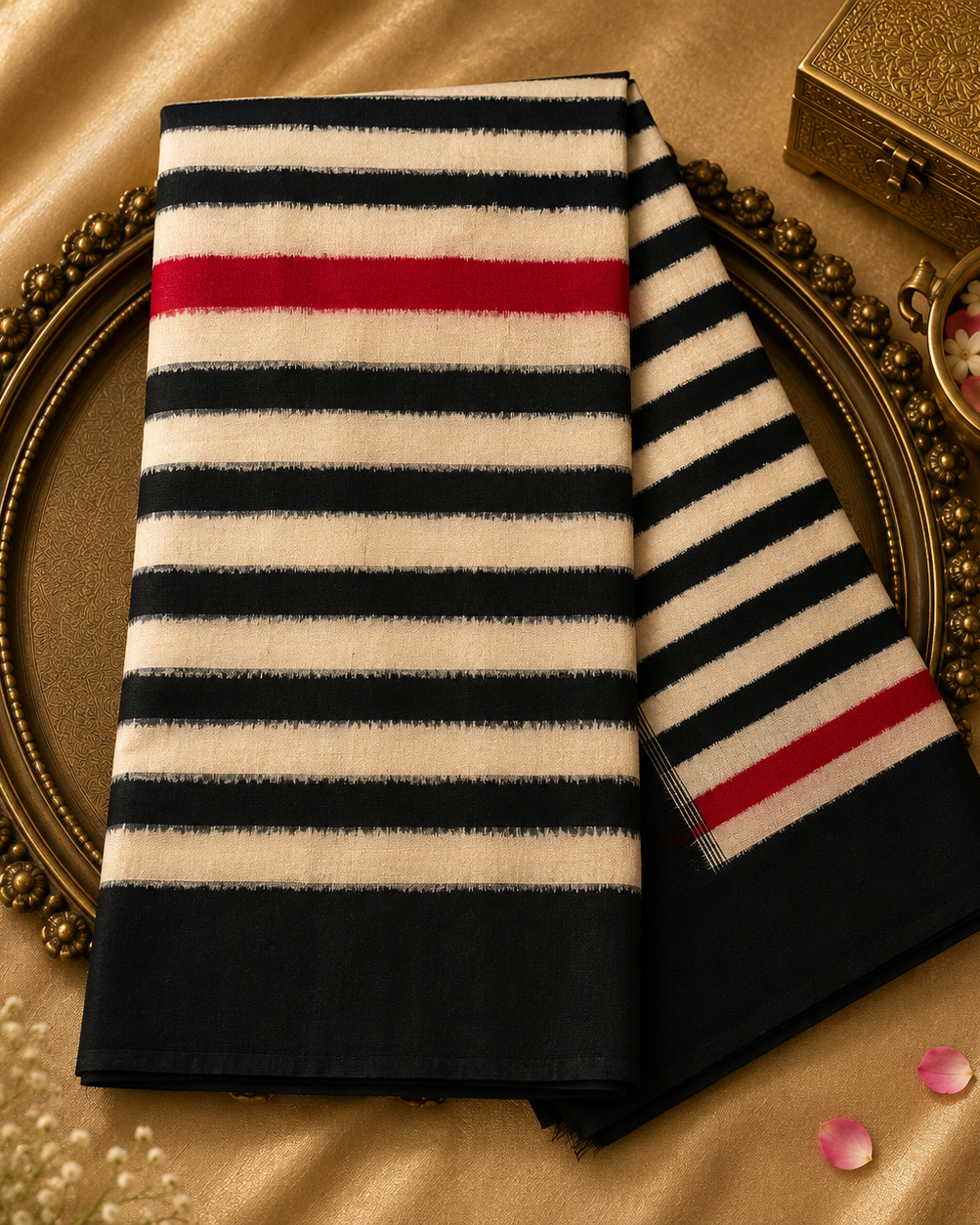 Multicolor Striped Pure Ikat Silk Saree with Black Border & Blouse