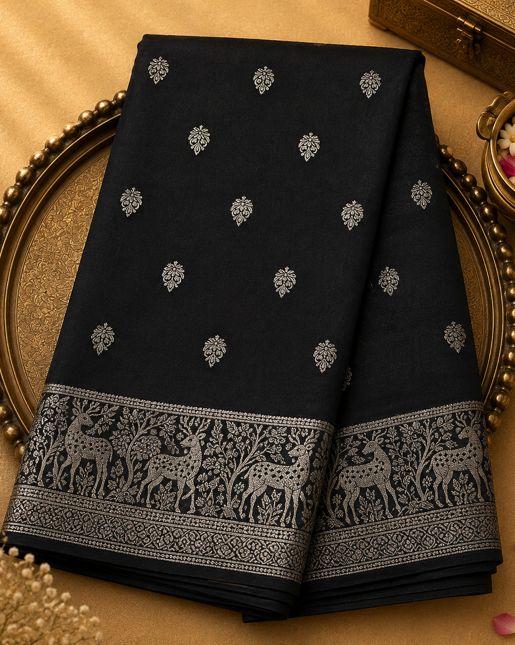 Grey-Black Mugan Tussar Silk Saree with Silver Zari Buttas & Deer Border