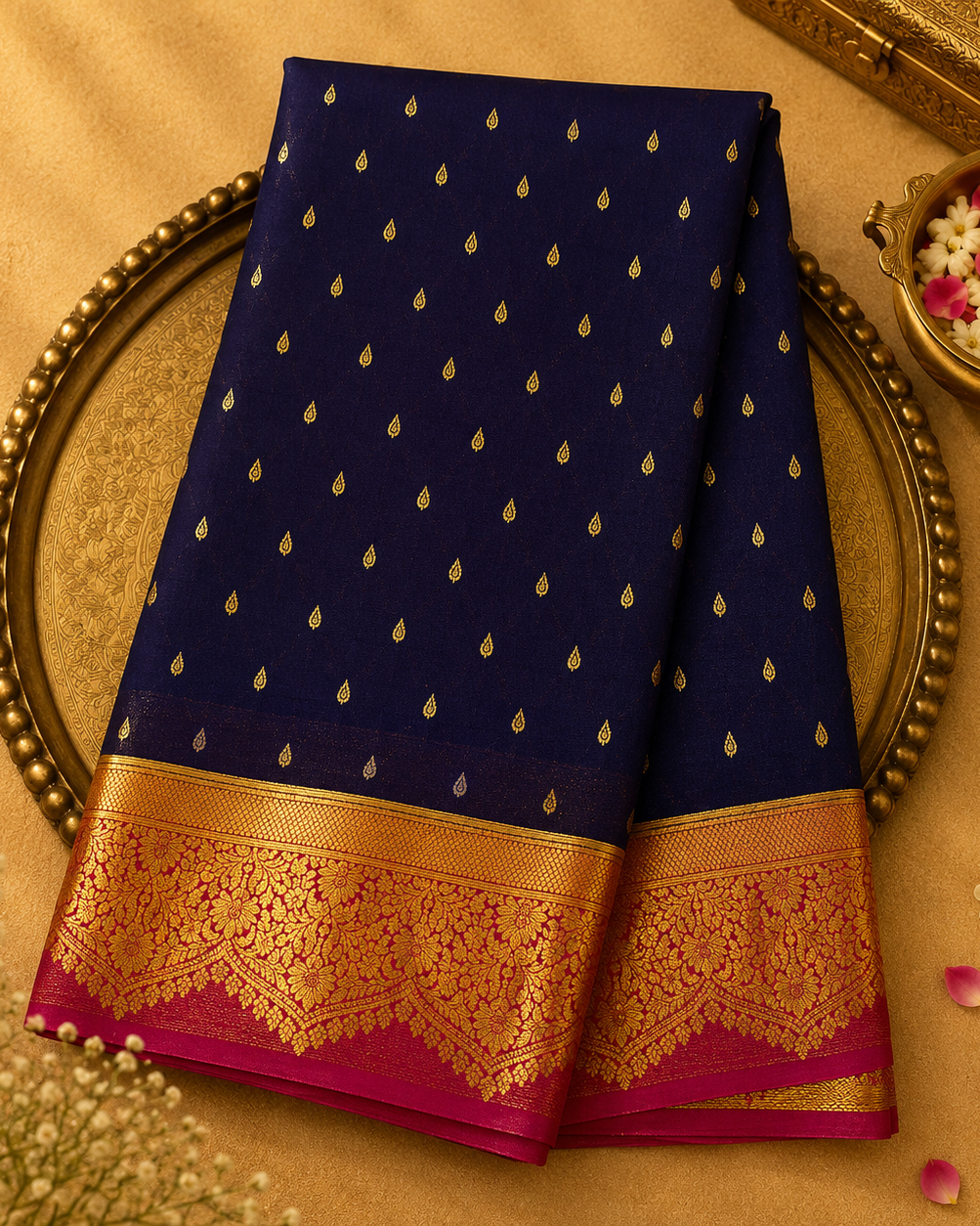 Dark Purple Mysore Silk Saree with Gold Zari Buttas & Pink-Gold Border