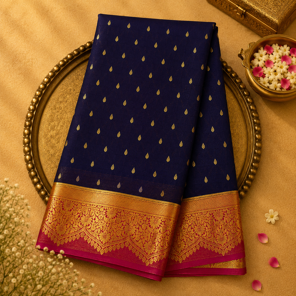 Dark Purple Mysore Silk Saree with Gold Zari Buttas & Pink-Gold Border