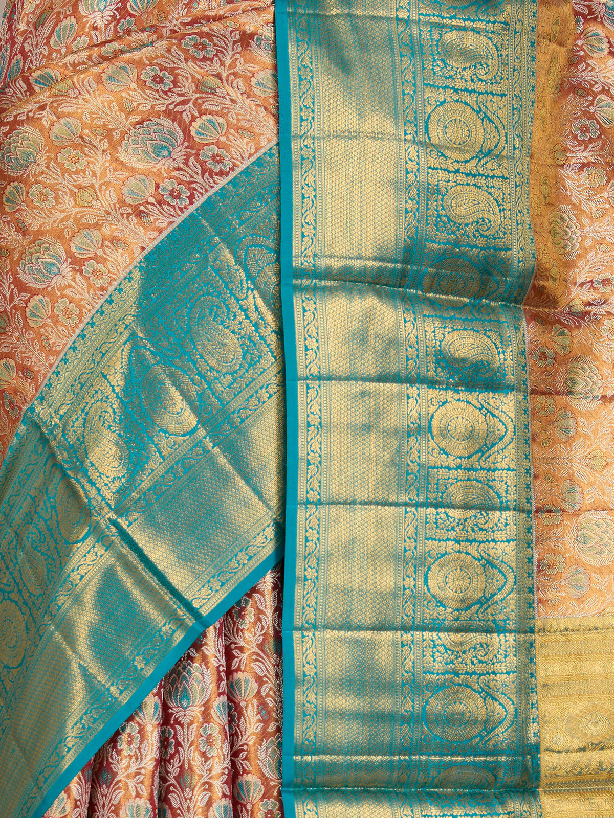 Rust Orange Pure Kanjivaram Tissue Silk Saree - fabric detail