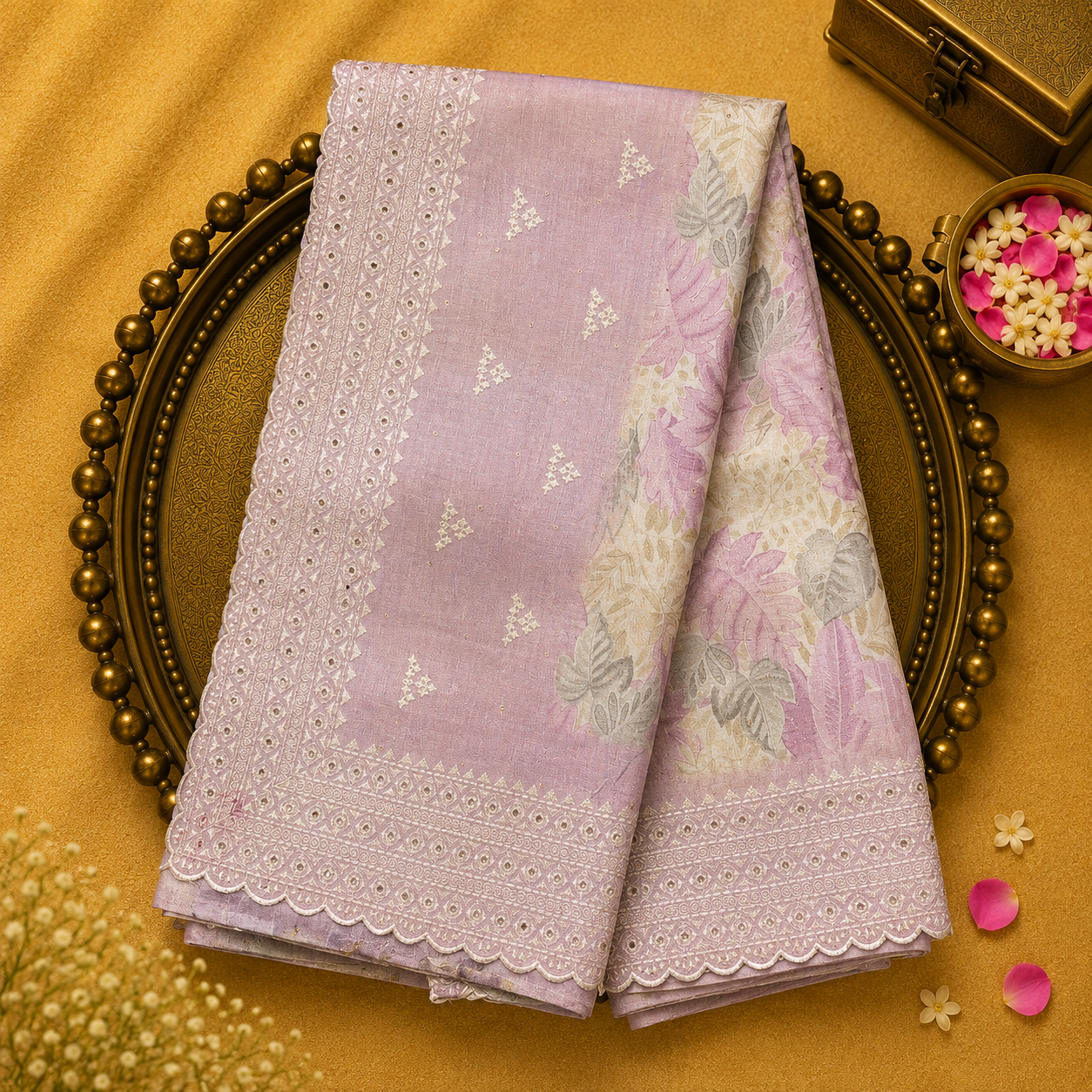 Dusty Lavender Tussar Saree with Embroidery and Mirror Work Border
