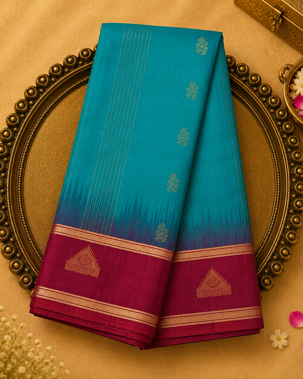 Blue Silk Saree with Gold Motifs & Red Border