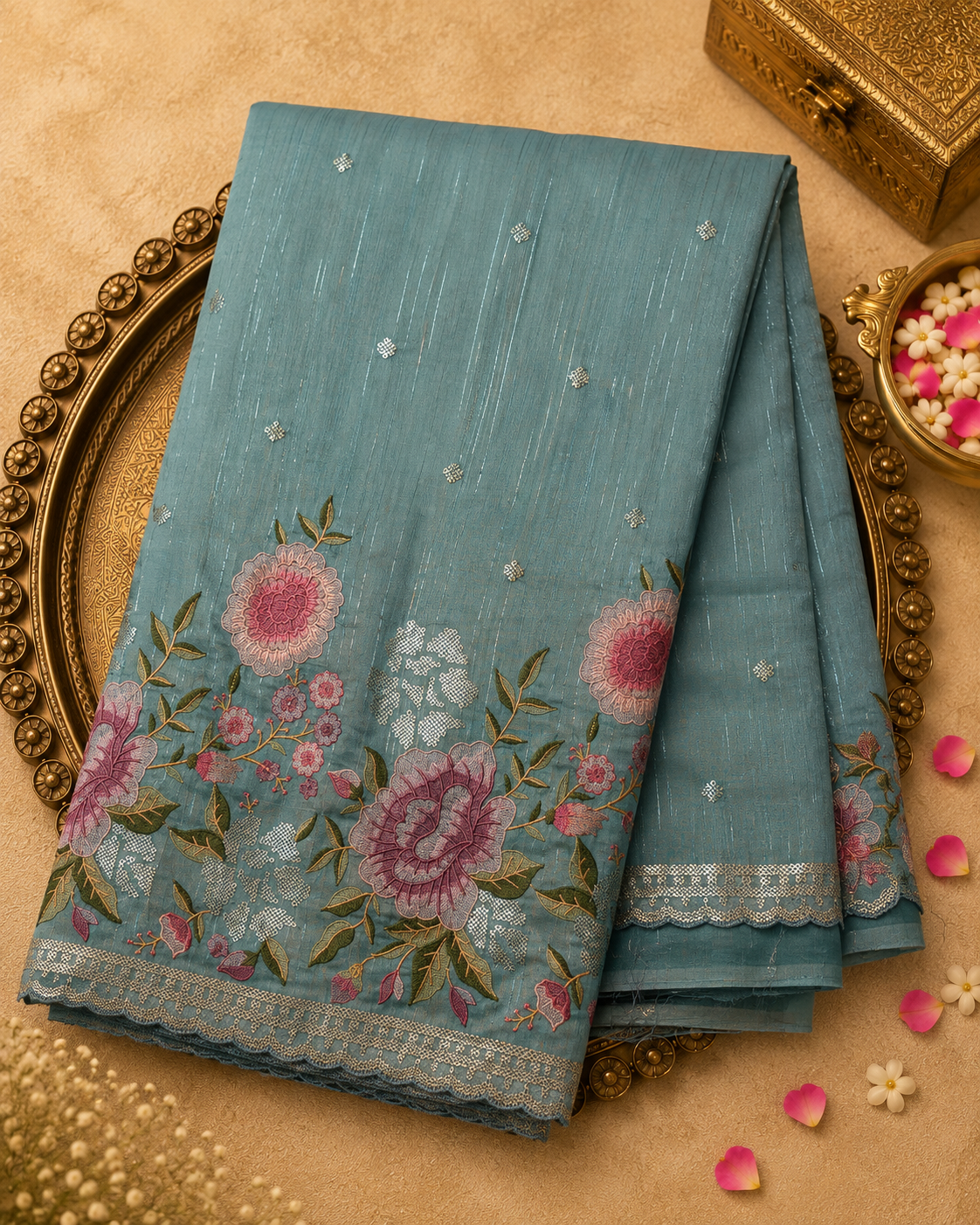 Light Teal Blue Tussar Silk Saree with Silver Zari & Floral Embroidery Border