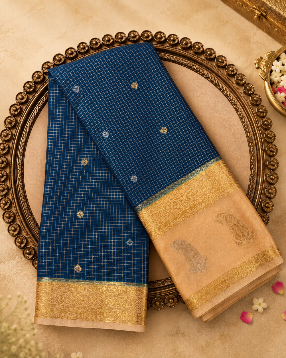 Peacock Blue Semi Crepe Silk Saree with Gold Zari Motifs, Checks & Cream-Gold Border
