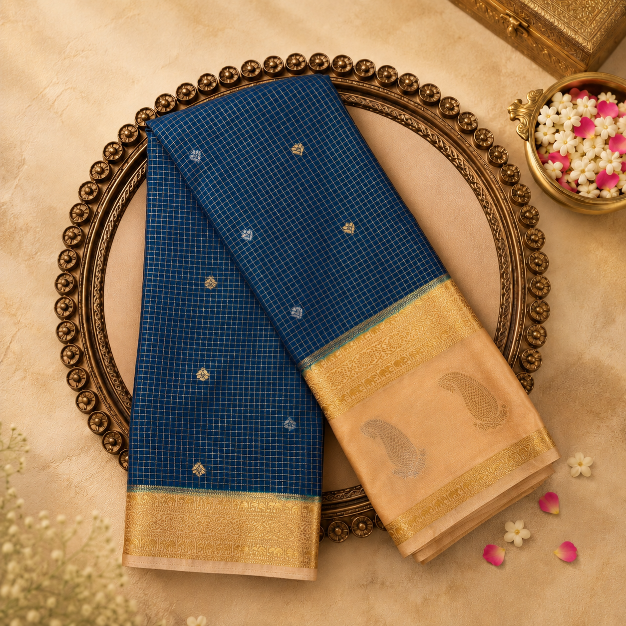 Peacock Blue Semi Crepe Silk Saree with Gold Zari Motifs, Checks & Cream-Gold Border