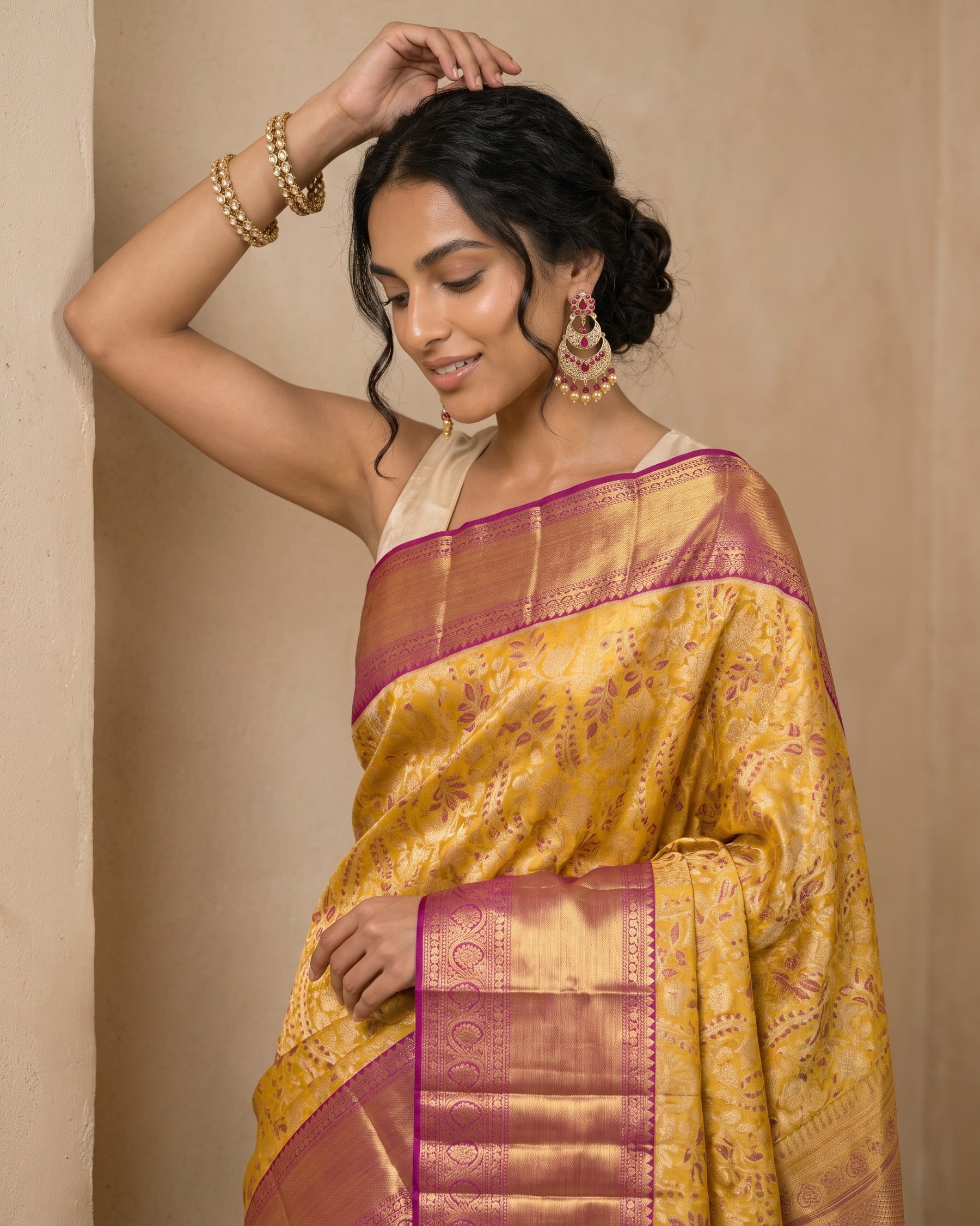 Golden Yellow Pure Kanjivaram Tissue Silk Saree - portrait