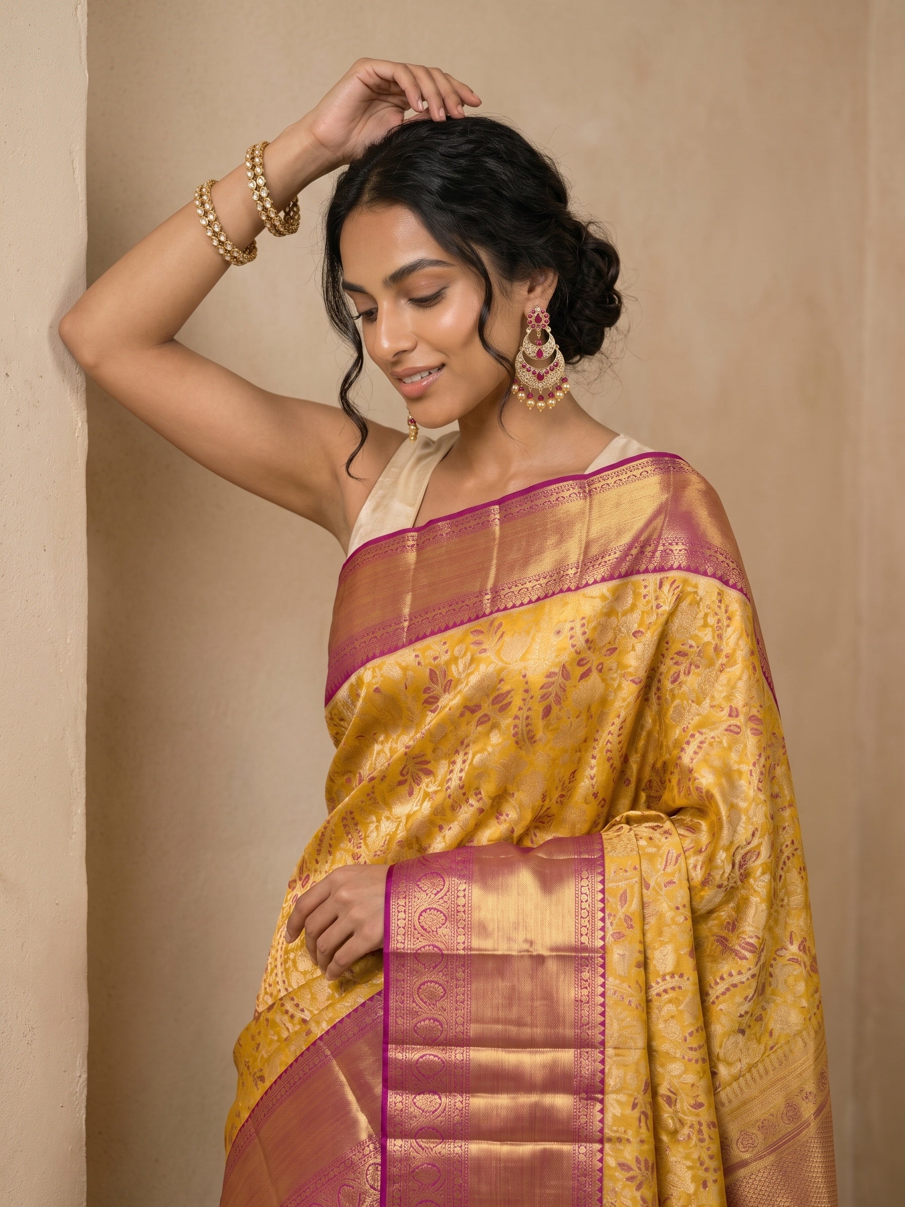 Golden Yellow Pure Kanjivaram Tissue Silk Saree - portrait