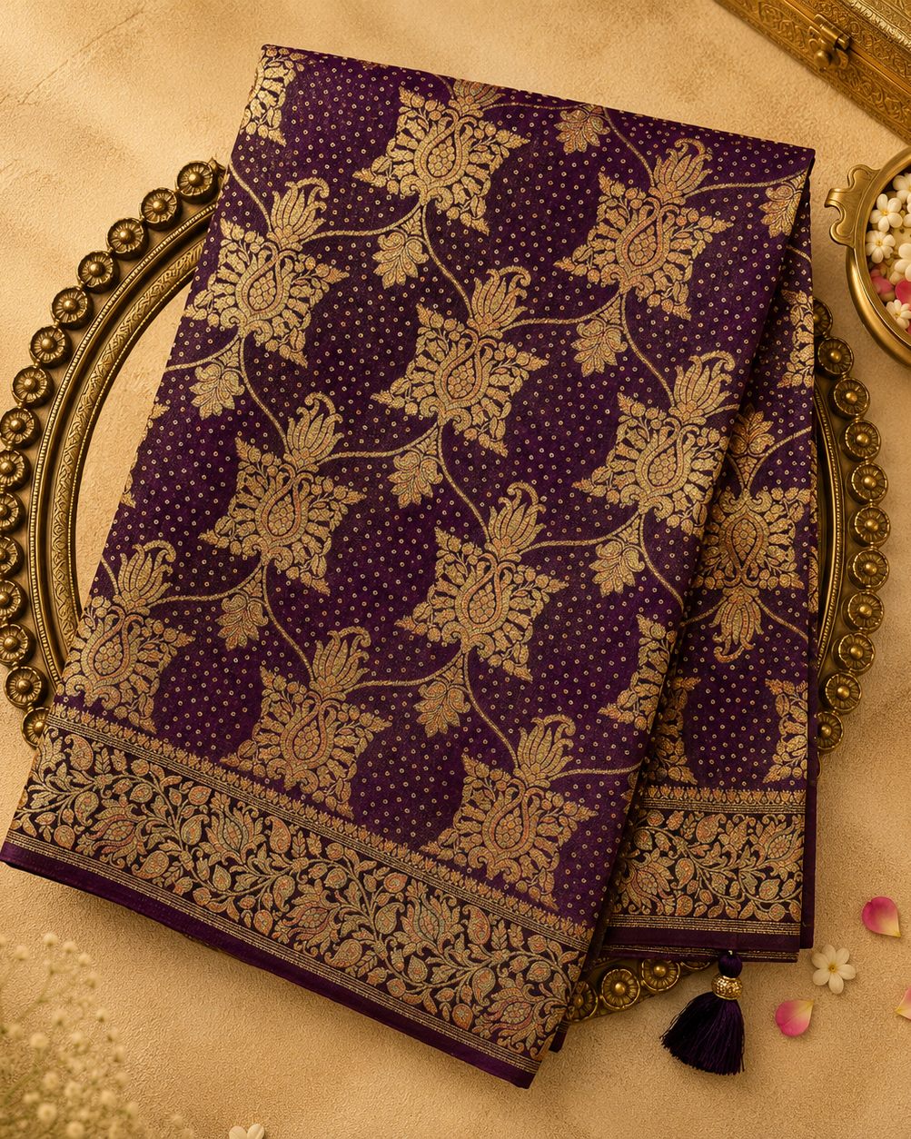 Red-Dark Purple Semi Georgette Saree with Gold Zari Motifs & Floral Zari Border