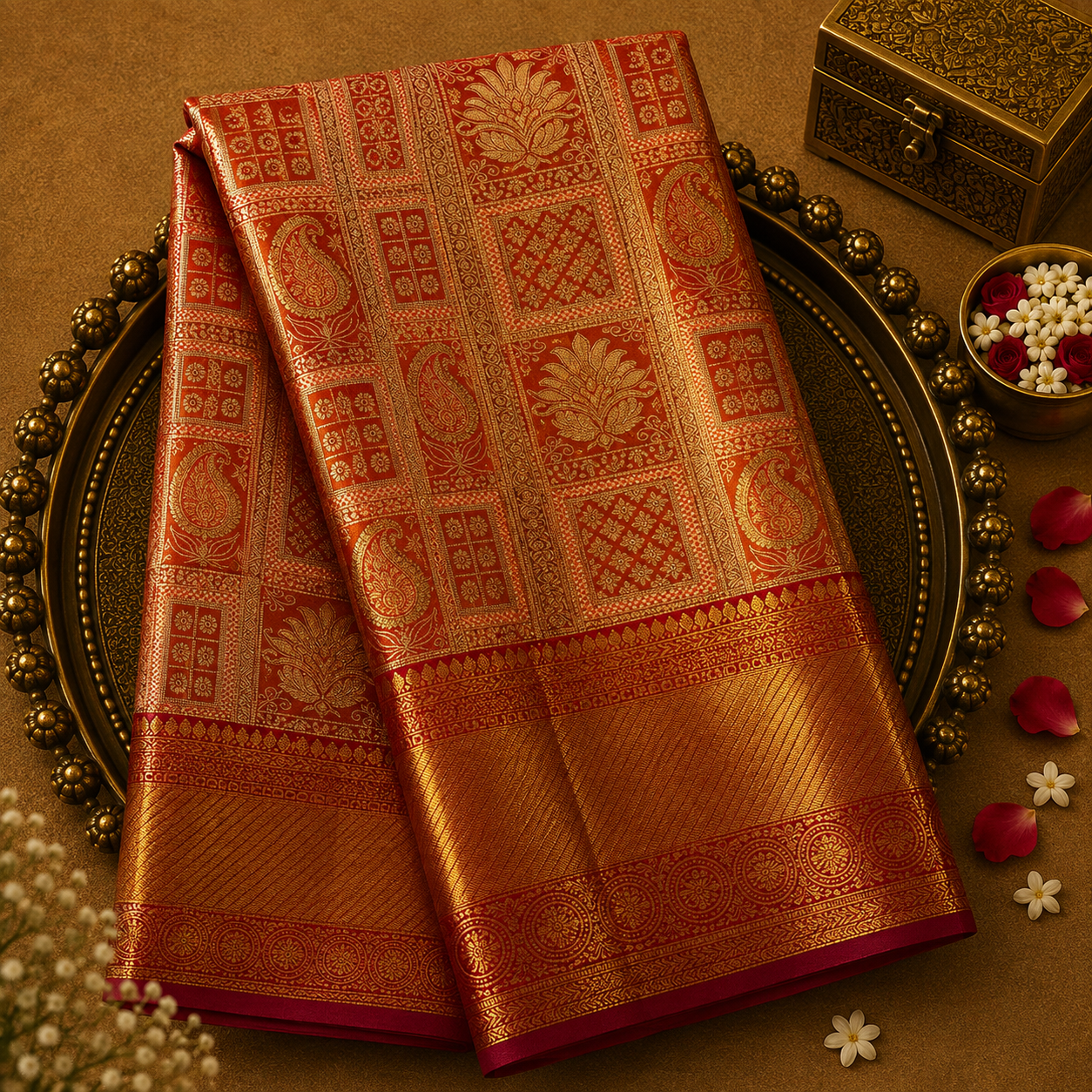 Orange Kanjeevaram Tissue Silk Saree with Gold Zari Weave, Red-Gold Border & Red Blouse