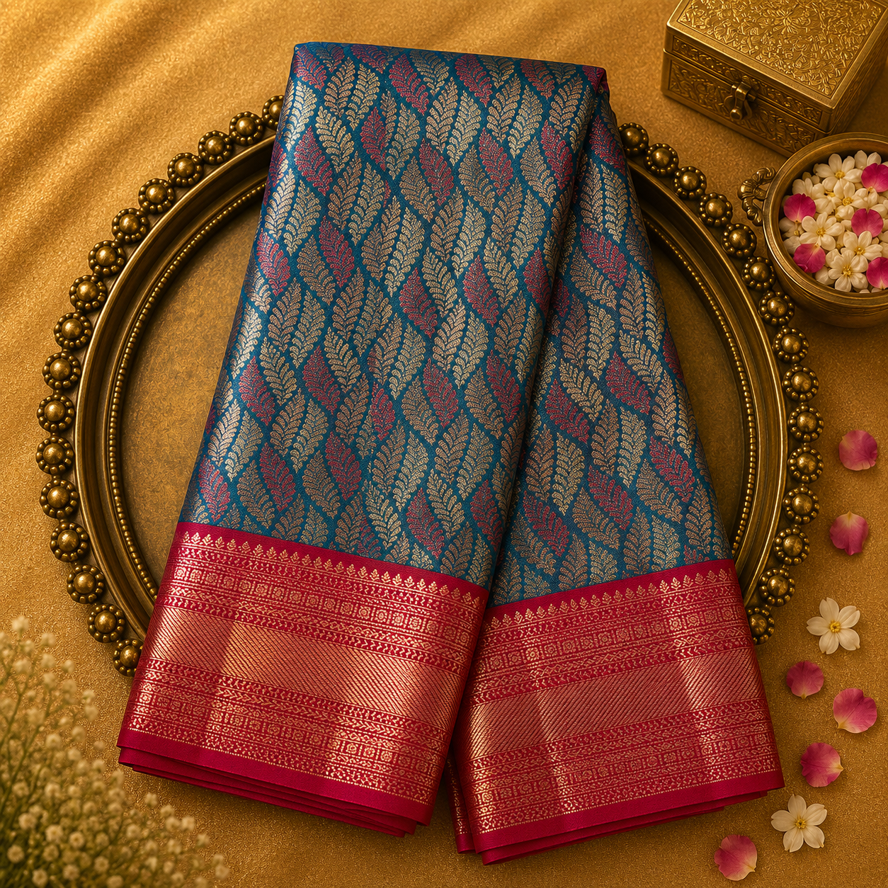 Peacock Blue Kanjeevaram Silk Saree with Gold Leaf Motifs & Pink-Gold Border