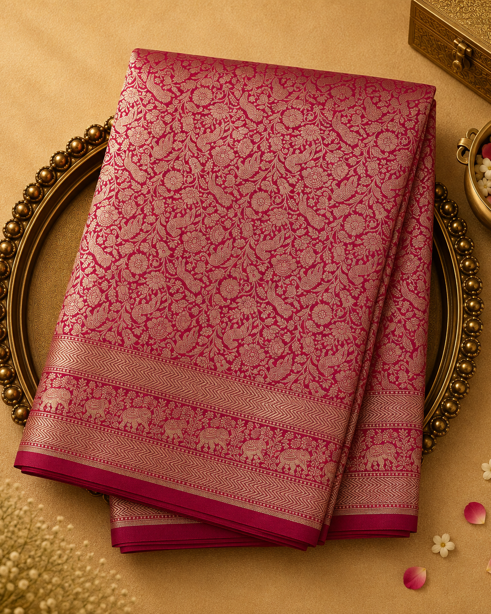Dark Pink Banarasi Silk Saree with Gold Brocade & Elephant Border