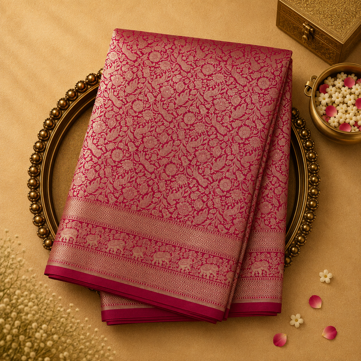 Dark Pink Banarasi Silk Saree with Gold Brocade & Elephant Border