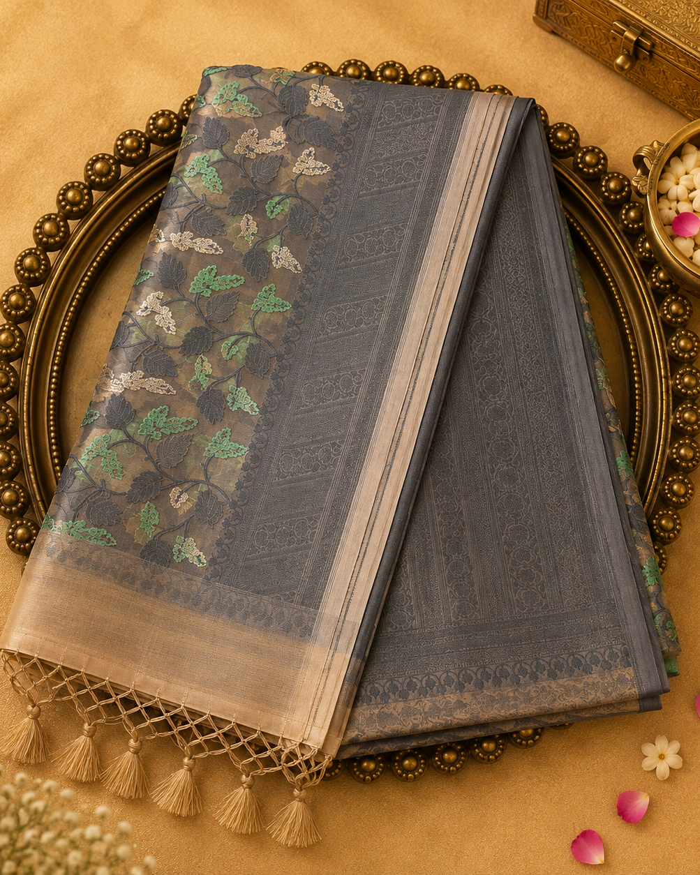 Cream-Grey Pure Banarasi Organza Kora Silk Saree with Floral Weave & Grey Blouse