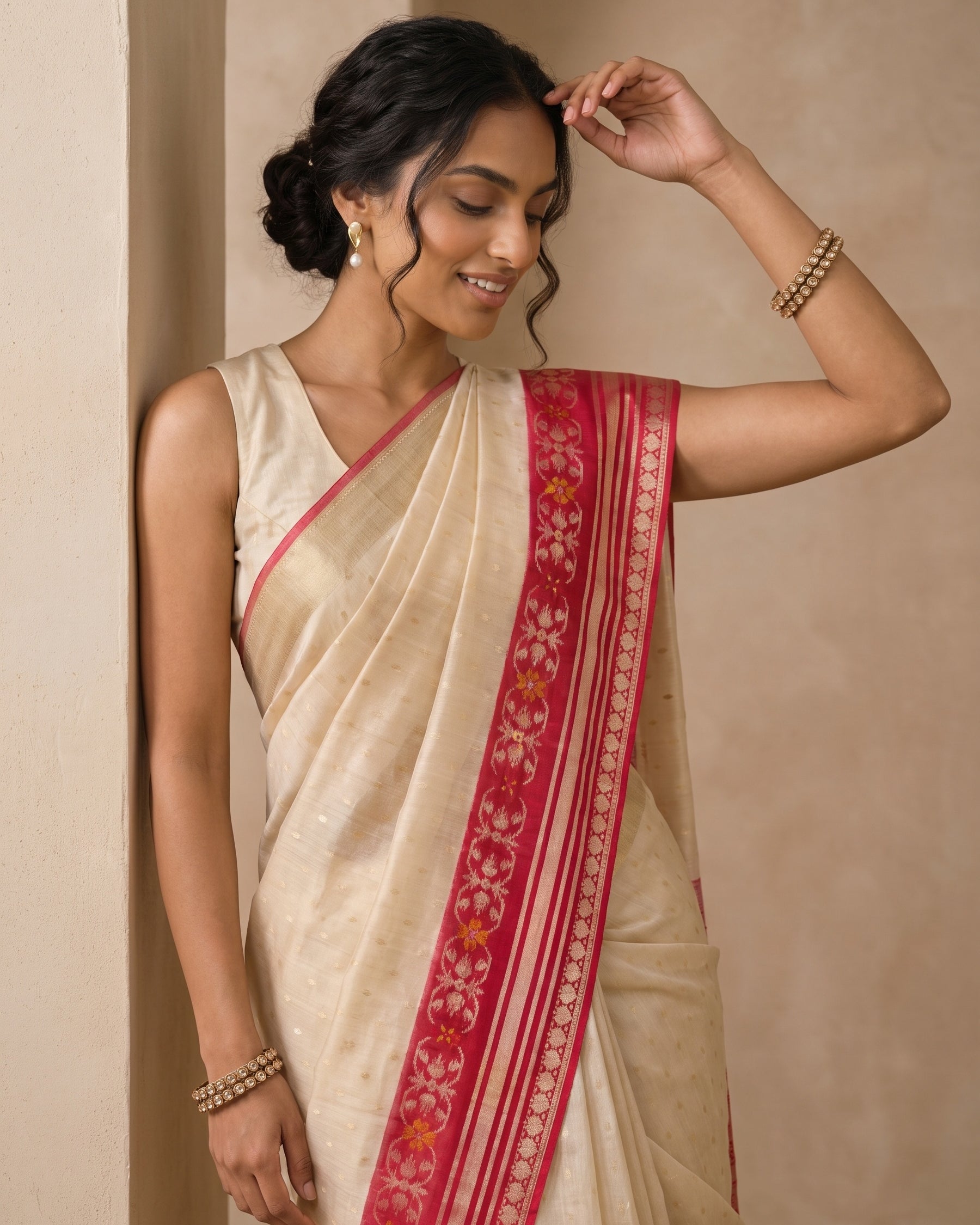 Beige Banaras Tussar Silk Saree - portrait