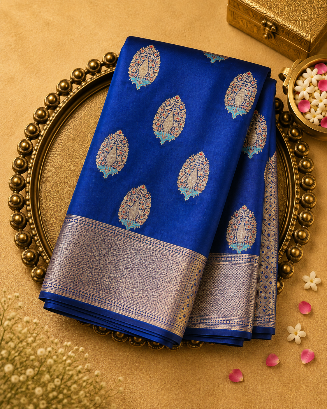 Royal Blue Banarasi Silk Saree with Gold Zari Buttas & Gold Border