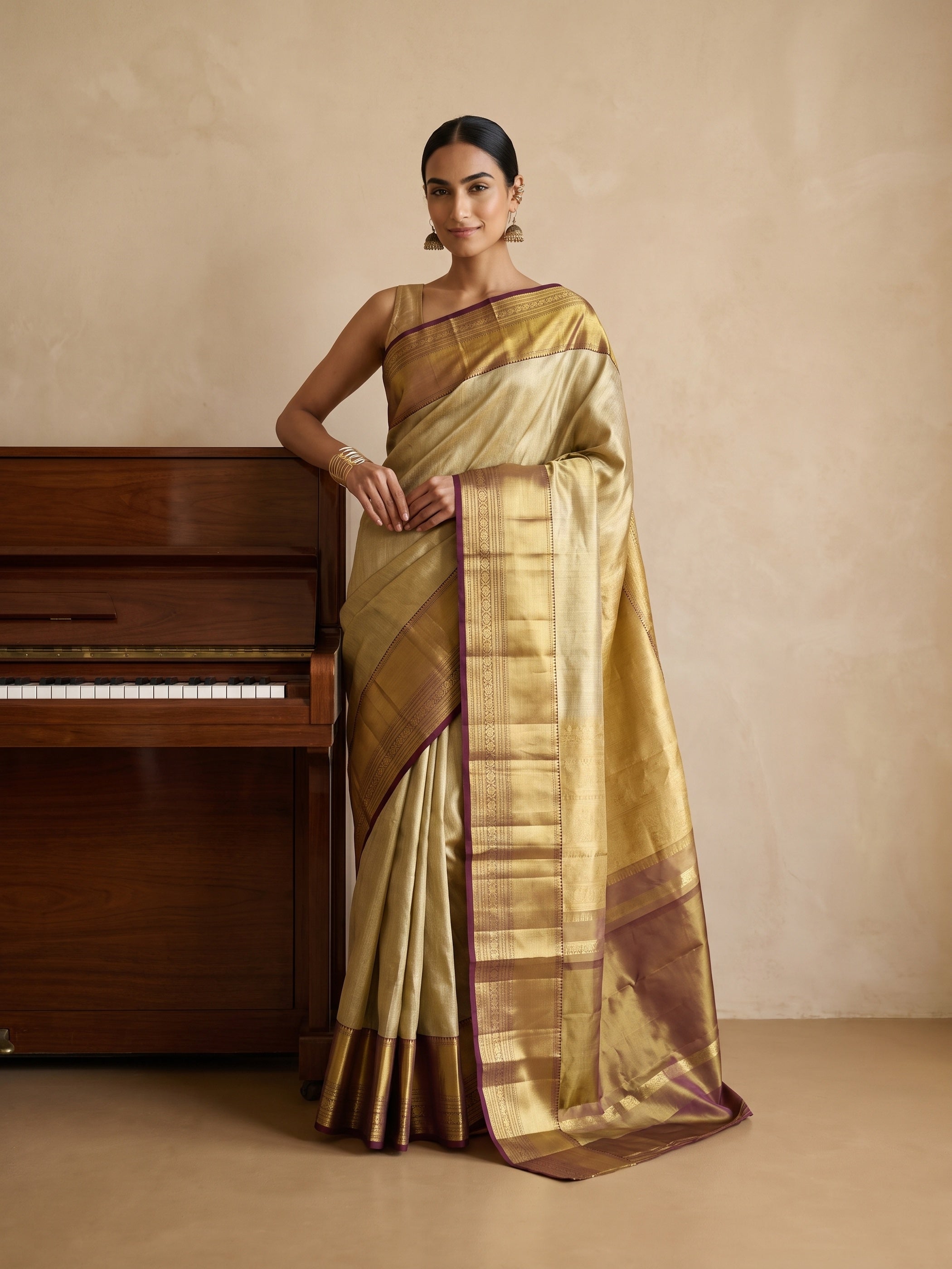 Golden Pure Kanjivaram Tissue Silk Saree - front