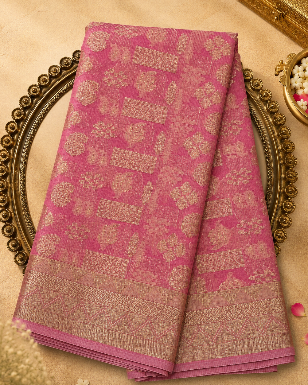 Light Pink Semi Kotta Silk Saree with Gold Zari Motifs & Zari Border