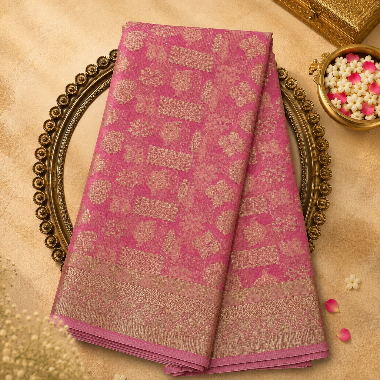 Light Pink Semi Kotta Silk Saree with Gold Zari Motifs & Zari Border