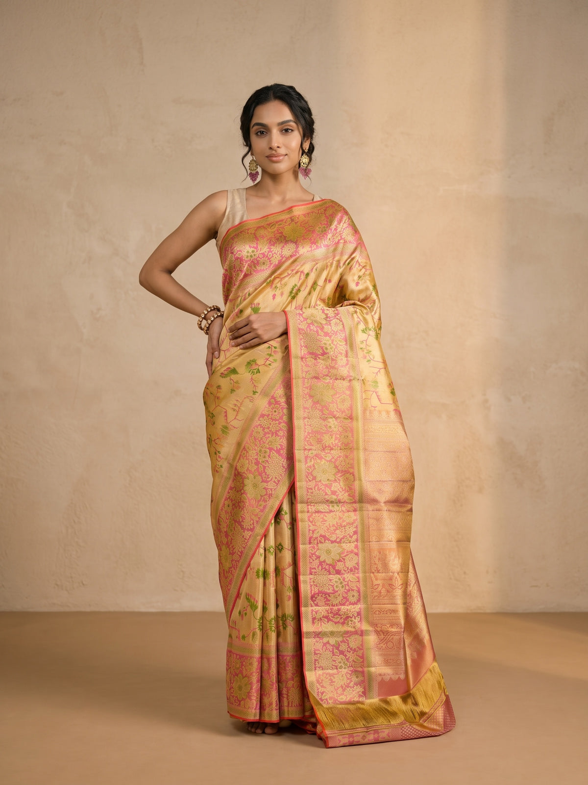 Golden Pure Kanjivaram Tissue Silk Saree - front pose