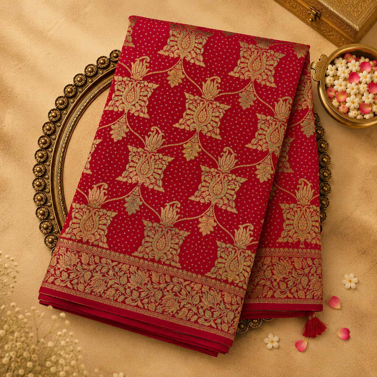 Bright Red-Pink Semi Georgette Saree with Gold Zari Motifs & Floral Zari Border