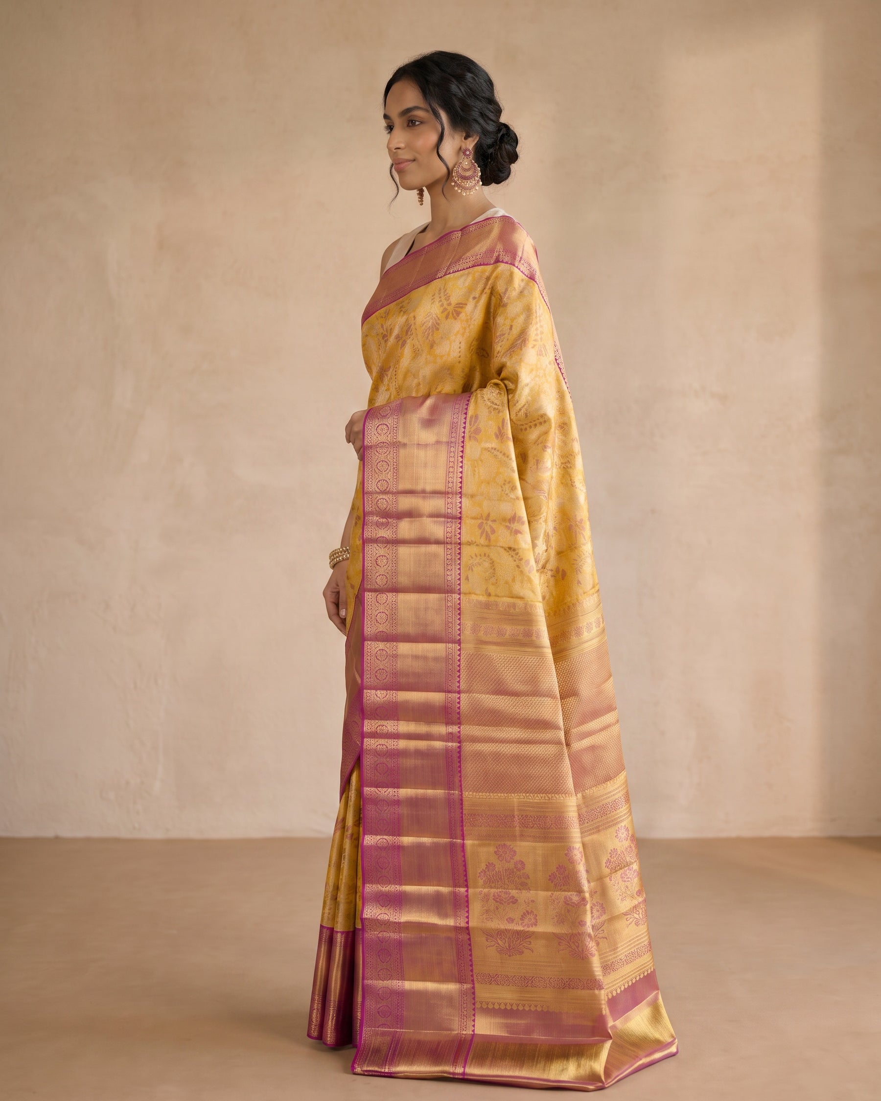 Golden Yellow Pure Kanjivaram Tissue Silk Saree - side standing