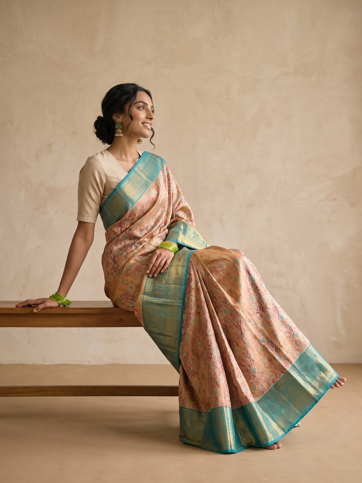Rust Orange Pure Kanjivaram Tissue Silk Saree - seated pose