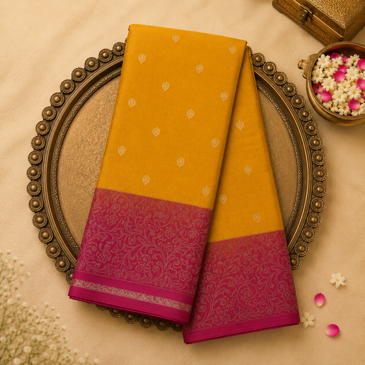 Yellow Silk Saree with Floral Zari Buttas & Pink Border