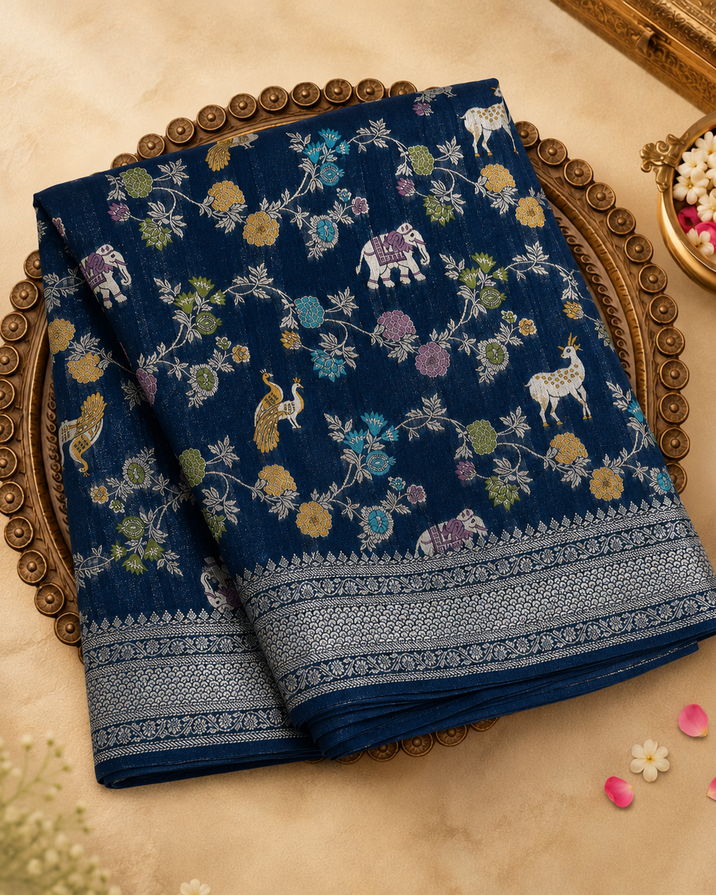 Dark Blue Georgette Saree with Diagonal Floral Design