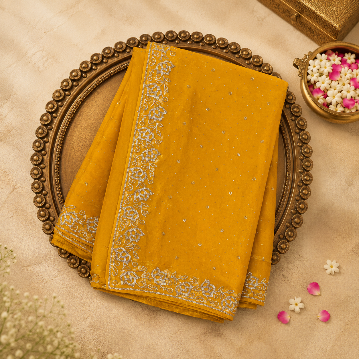 Bright Yellow Soft Organza Saree with Silver Stone Border