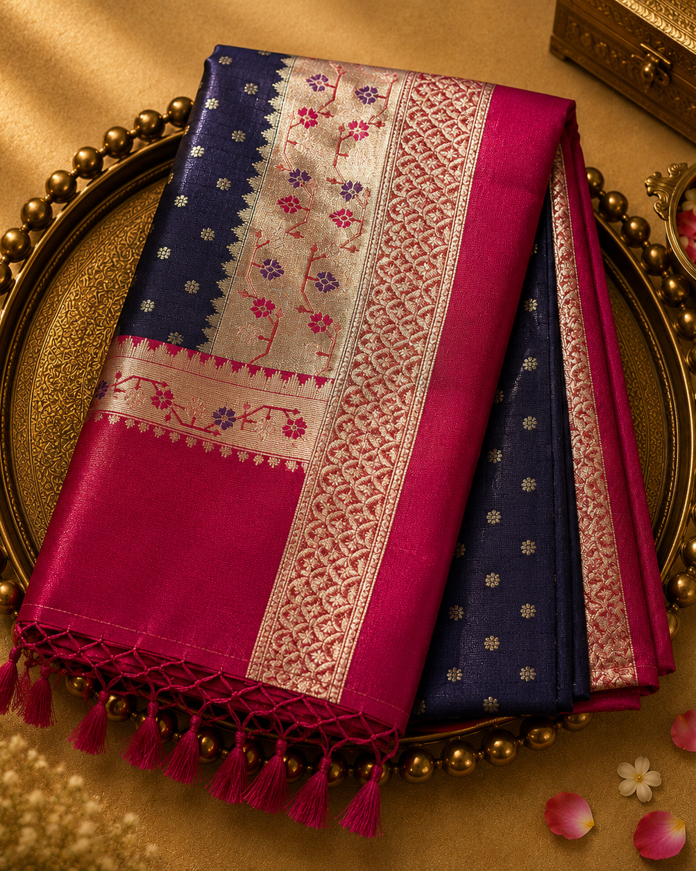 Dark Blue-Pink Tussar Silk Saree with Gold Buttas, Border & Pink Pallu