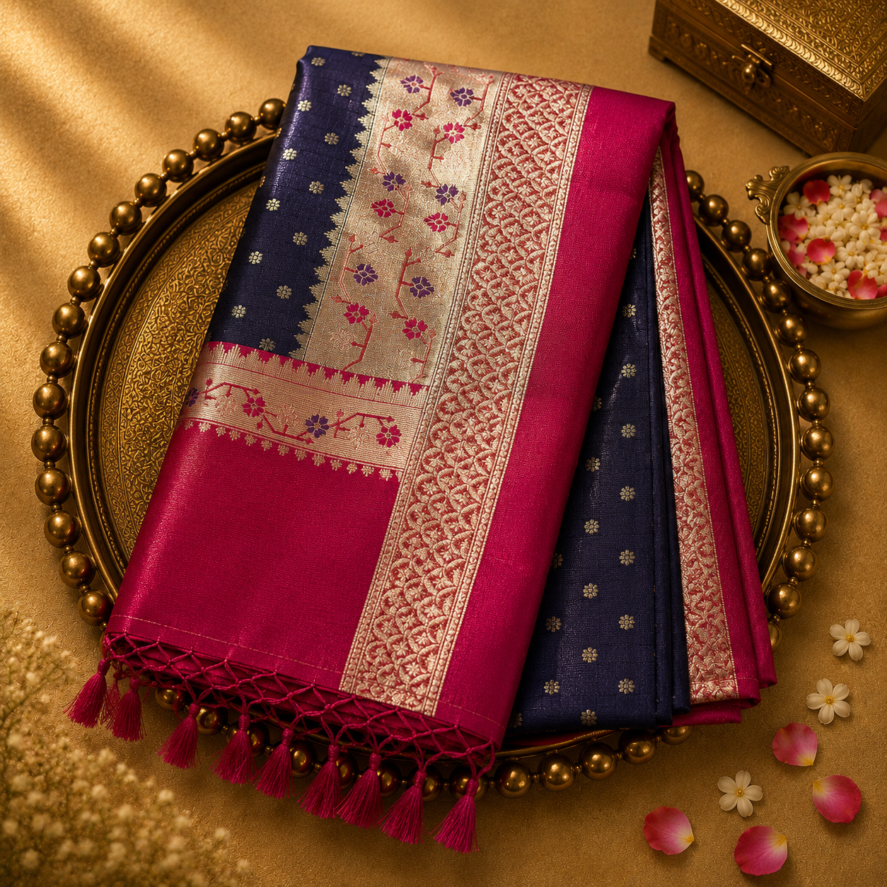 Dark Blue-Pink Tussar Silk Saree with Gold Buttas, Border & Pink Pallu